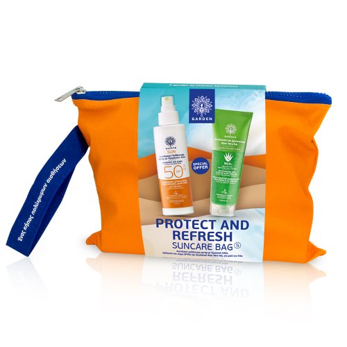 Garden Protect & Refresh Suncare Bag 5 Πακέτο Promo Αντηλιακό Γαλάκτωµα Spray για πρόσωπο και σώμα µε Οργανική Αλόη SPF50, 150ml & Aloe Vera gel 100ml